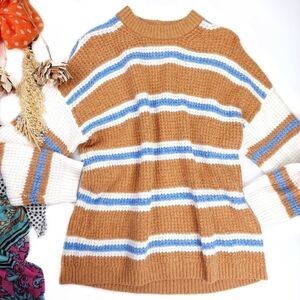 American Eagle Tan Blue White Striped Viscose Blend Sweater Sz S Oversize Fit